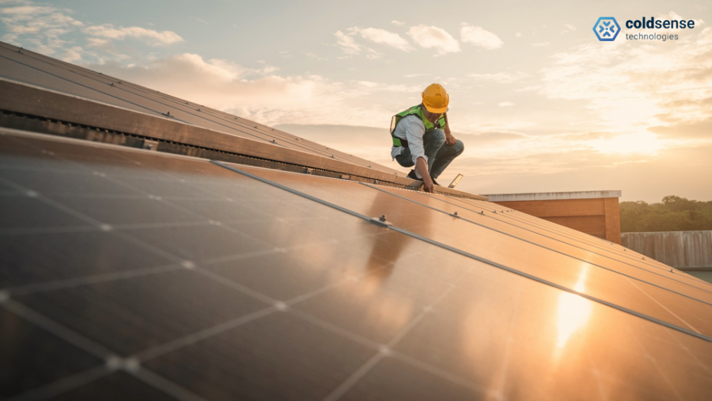 Servicetechniker überprüft Solarzellen auf dem Dach auf mögliche Schäden zur Wartung. Ingenieur installiert Solarmodule. Konzept der sauberen Energie.